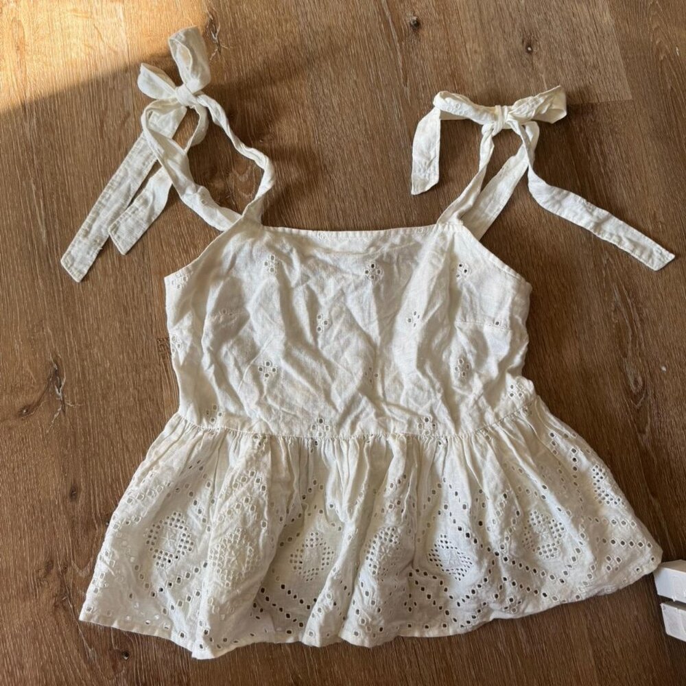 Madewell white eyelet lace linen blend babydoll tie top size xsmall‎
